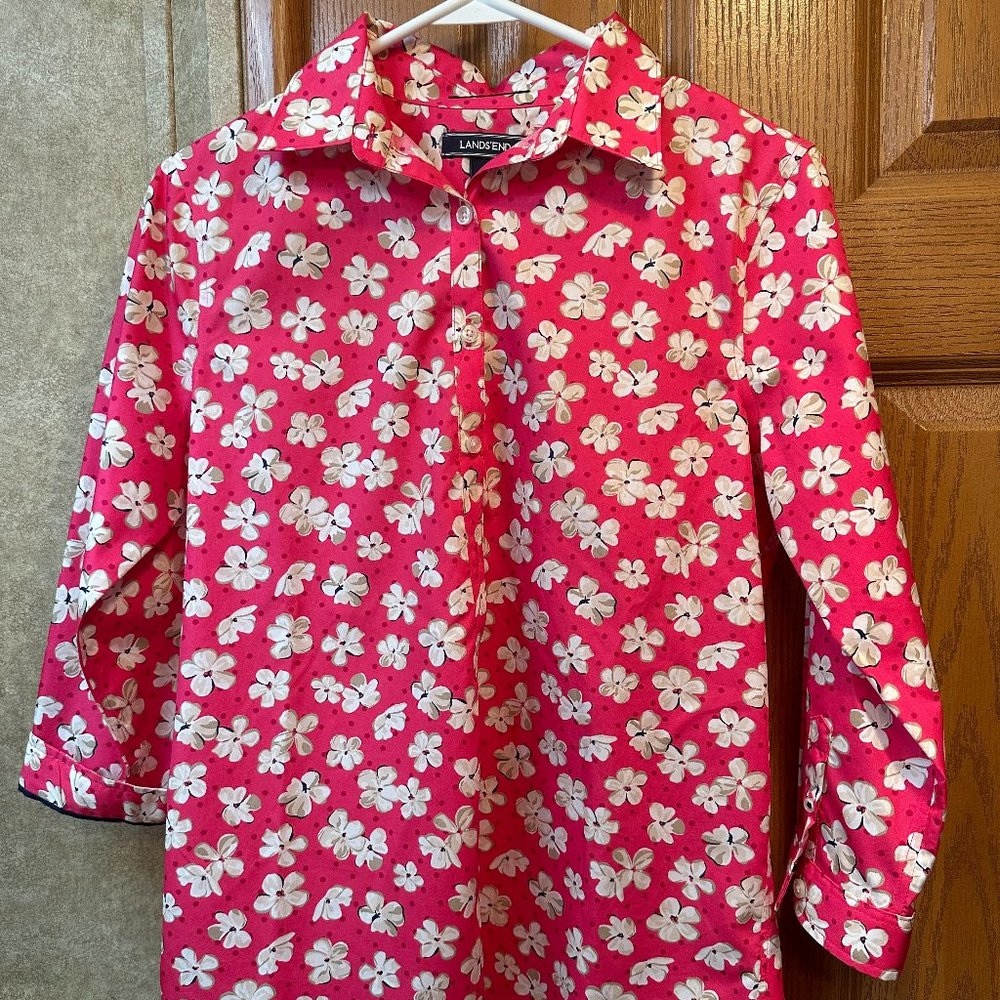 NWT Lands' End Hot Pink Floral 3/4 Sleeve Button Front Shirt